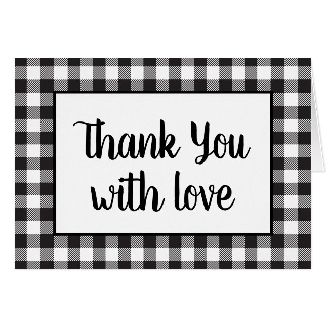 Black White Gingham Plaid Rustic Wedding Thank You Cards (Front Horizontal)