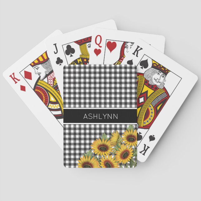 Black White Gingham Plaid Sunflowers Poker Cards (Back)
