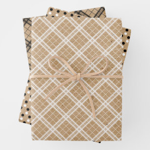 Black White Gingham Polkadots On Faux Brown Kraft Wrapping Paper Sheets