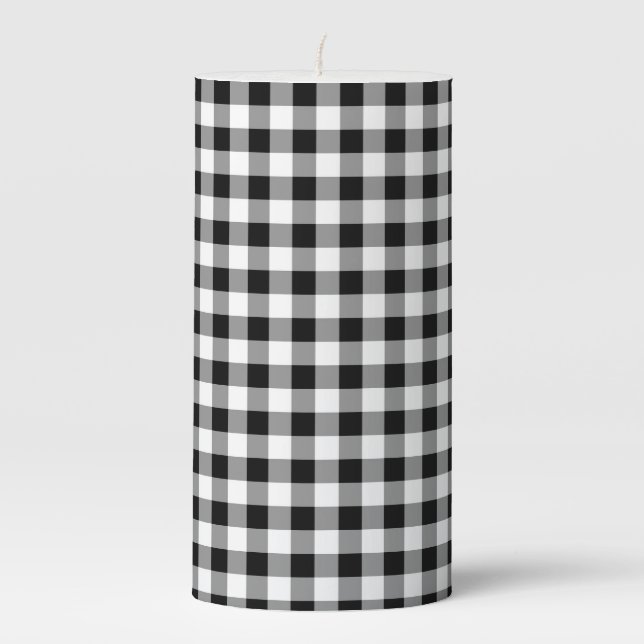 Black & White Gingham Print Pillar Candle (Front)