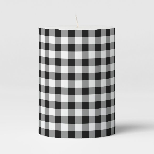 Black & White Gingham Print Pillar Candle (Front)
