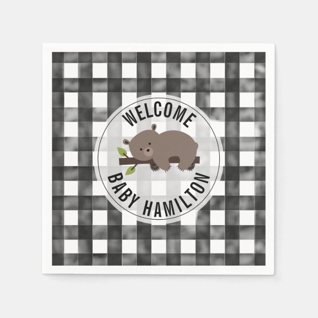 Black + White Gingham Sleepy Bear Baby Shower Napkins (Front)