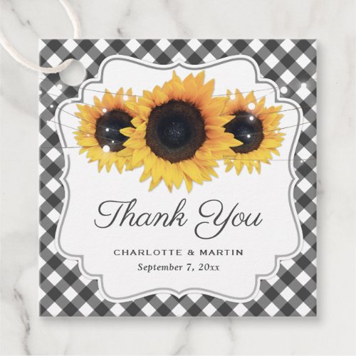 Black White Gingham Sunflower Wedding Thank You Favor Tags