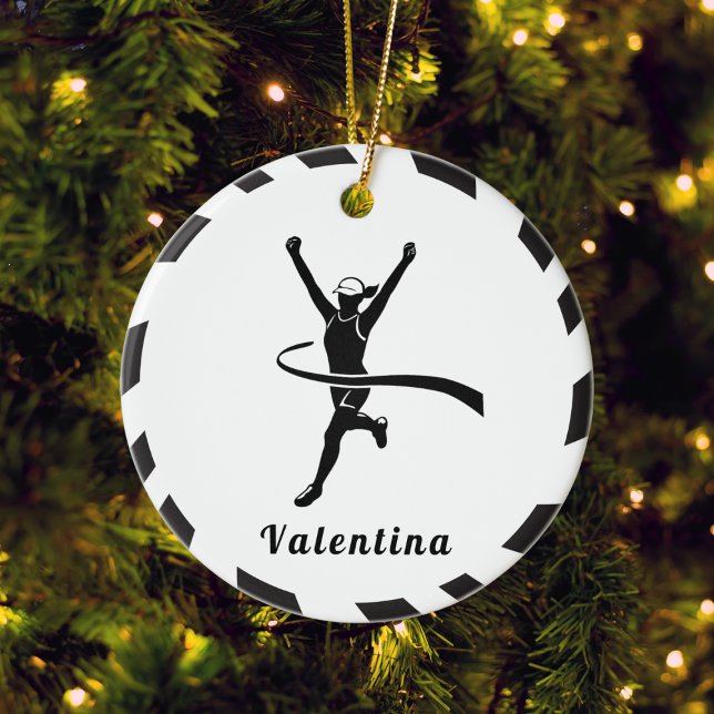 Black & White Girl Running Marathon Runner Jogger Ceramic Ornament (Creator Uploaded)