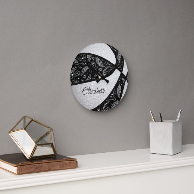 black white girly boho paislies pattern basketball round clock (Office)