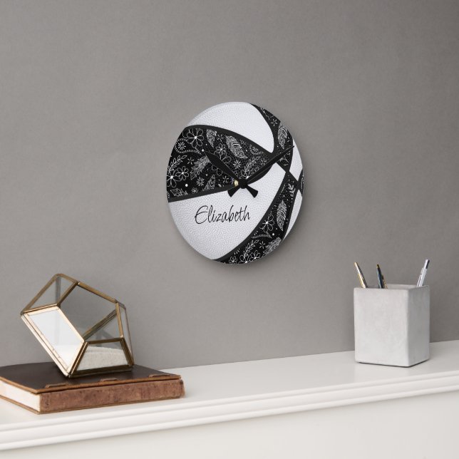 black white girly boho paislies pattern basketball round clock (Office)
