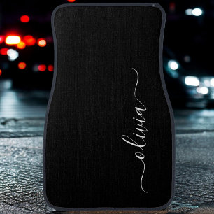 Black White Girly Script Monogram Name Modern Car  Floor Mat