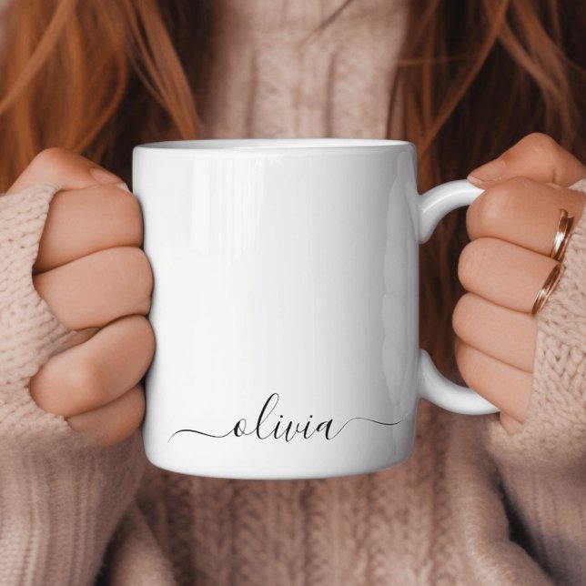 Black White Girly Script Monogram Name Modern Coffee Mug (Creator Uploaded)