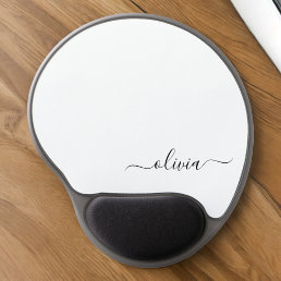 Black White Girly Script Monogram Name Modern Gel Mouse Pad