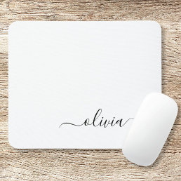 Black White Girly Script Monogram Name Modern Mouse Pad