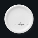 Black White Girly Script Monogram Name Modern Paper Plates<br><div class="desc">White and Black Monogram Add Your Own Name Script Party Plates. This makes the perfect sweet 16 birthday,  wedding,  bridal shower,  anniversary,  baby shower or bachelorette party gift for someone that loves glam luxury and chic styles.</div>