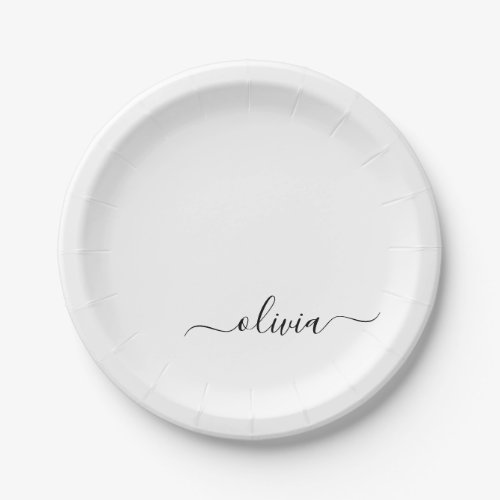 Black White Girly Script Monogram Name Modern Paper Plates