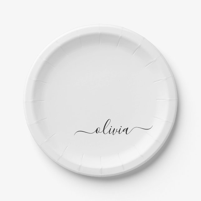 Black White Girly Script Monogram Name Modern Paper Plates (Front)