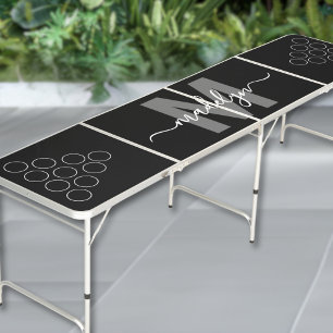 Black White Girly Script Name Monogram Beer Pong Table