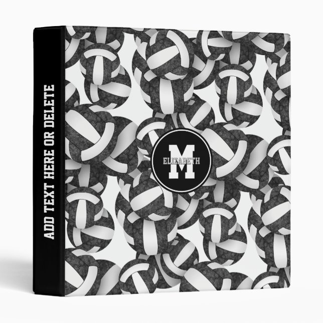 black white girly sports volleyballs pattern 3 ring binder (Front/Spine)