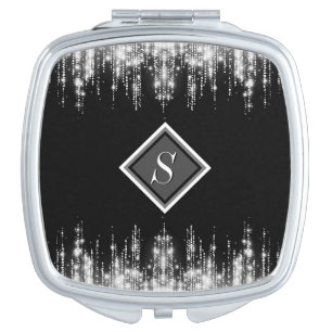 Black & White Glam Glitter Customized Monogrammed Compact Mirror