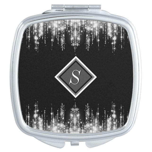 Black & White Glam Glitter Customized Monogrammed Compact Mirror (Front)
