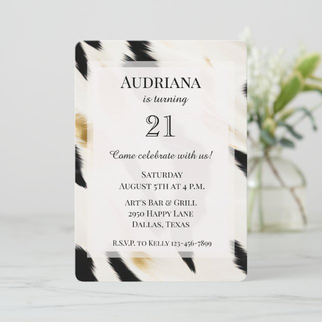 Black White Glam Gold Cowhide Western Birthday Invitation (Standing Front)