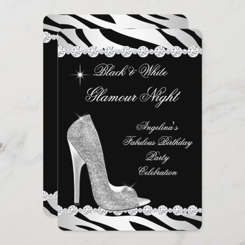 Black White Glamour Night Zebra Glitter Heel Invitation