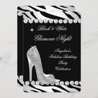 Black White Glamour Night Zebra Glitter Shoes Invitation