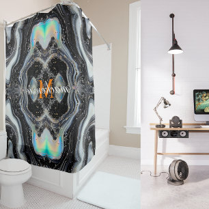 Black White Glitter Alcohol Ink Backdrop Monogram Shower Curtain