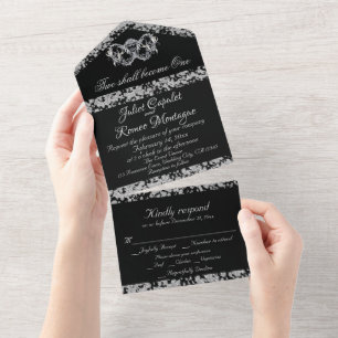 Black & White, Glitter Border & Double Hearts All In One Invitation