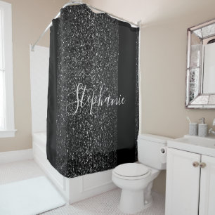 Black White Glitter Custom Name Elegant Modern Shower Curtain