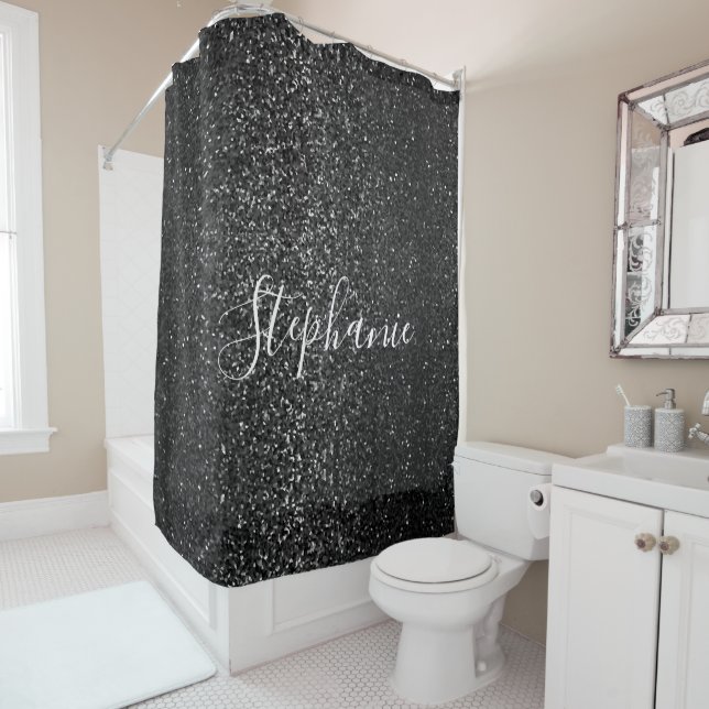 Black White Glitter Custom Name Elegant Modern Shower Curtain (In Situ)