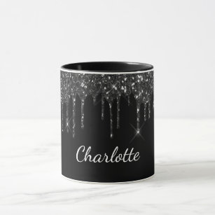 Black white glitter drip monogram name luxury mug