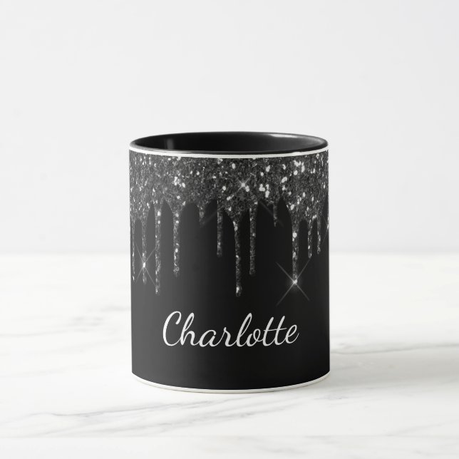 Black white glitter drip monogram name luxury mug (Center)