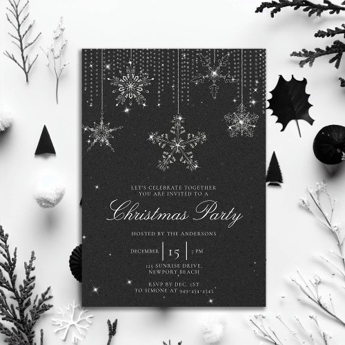Black White Glitter Drips Snowflakes Christmas Invitation