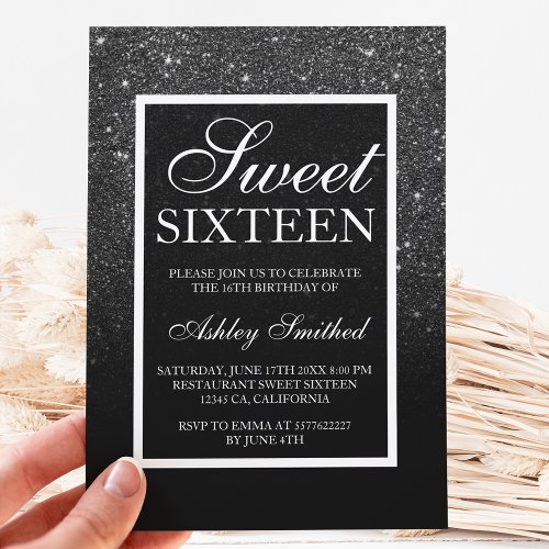 black white glitter elegant script chic Sweet 16 Invitation