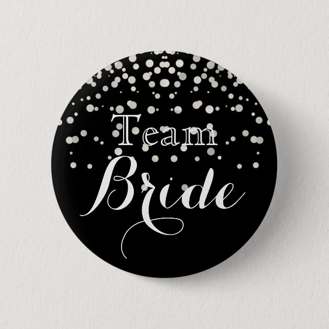 Black White Glitter Faux Foil Wedding Team Bride Button (Front)