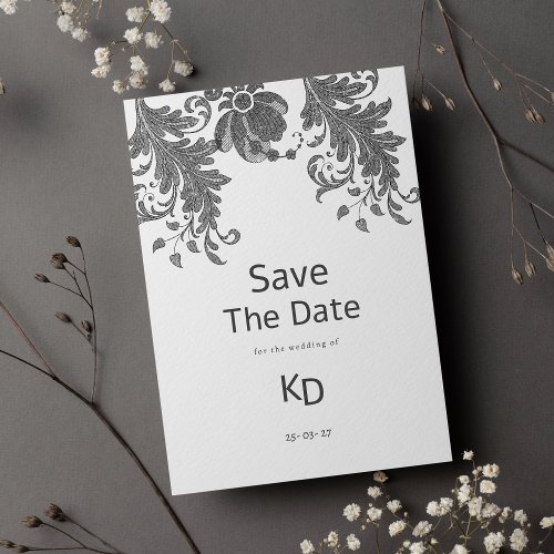 Black white glitter floral lace Save The Date  Invitation