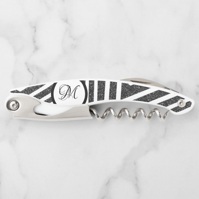 Black White Glitter Geometric Striped Waiter's Corkscrew (Front)