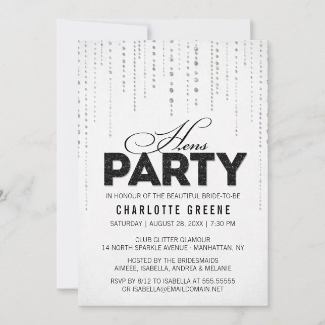 Black & White Glitter Look Hens Party Invitation (Front)