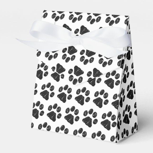 Black White Glitter Paw Print Favor Boxes (Front Side)