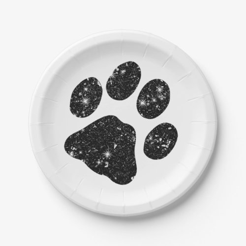 Black White Glitter Paw Print Paper Plates