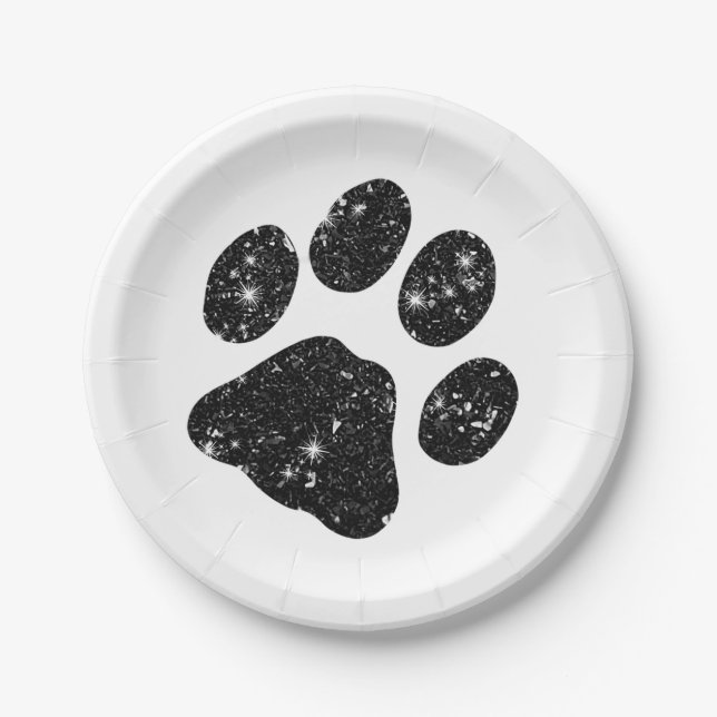 Black White Glitter Paw Print Paper Plates (Front)