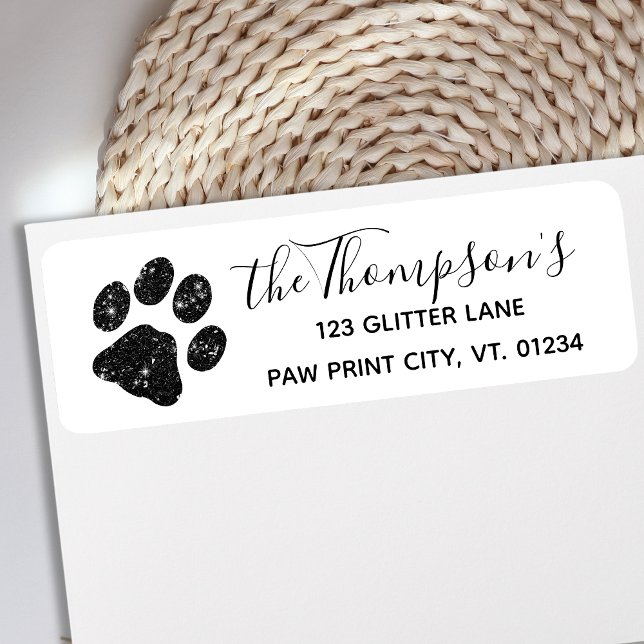 Black White Glitter Paw Print return address Label (Creator Uploaded)