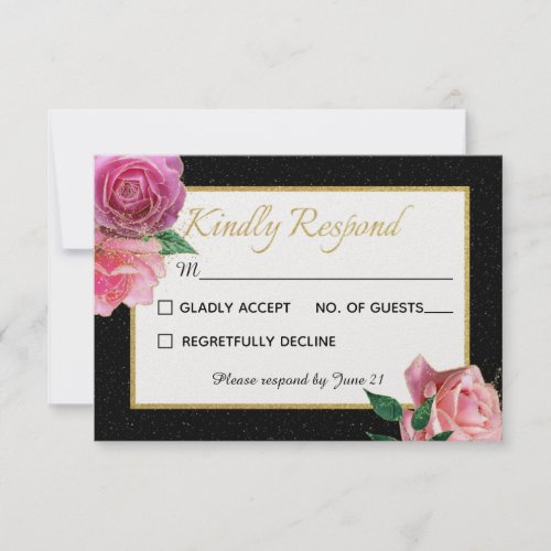Black  White Glitter  Pink Roses Wedding RSVP Card