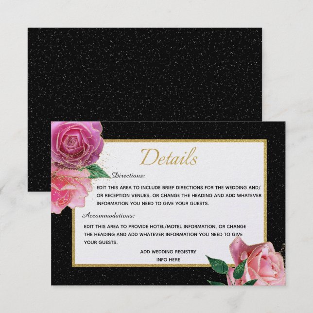 Black White Glitter & Pink Roses with Gold Details Enclosure Card (Front/Back)