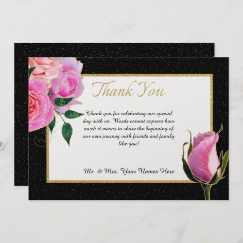 Black  White Glitter  Pink Roses with Gold Thank You Card