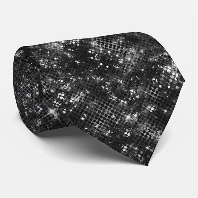 Black White Glitter Shiny Sparkle Glam Disco Neck Tie (Rolled)
