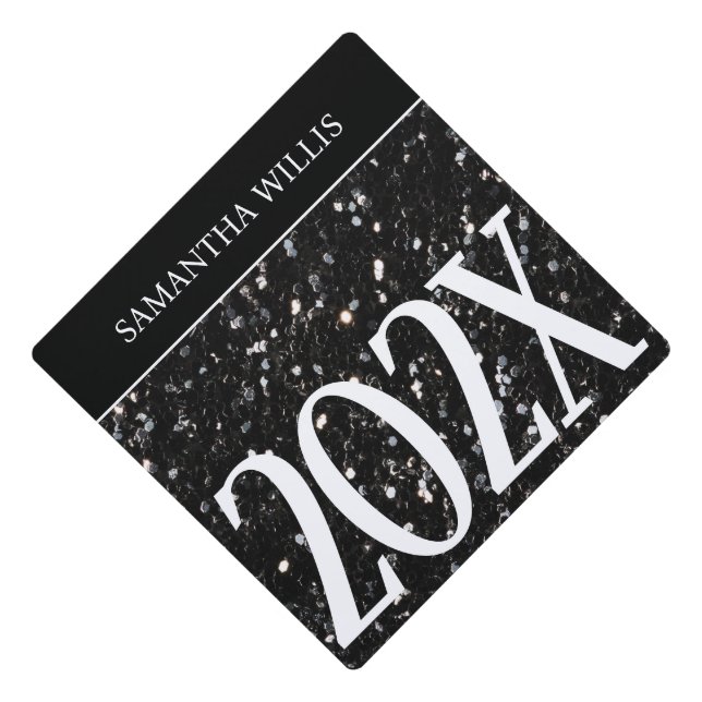 Black white glitter sparkles Custom name Class Graduation Cap Topper (Front)