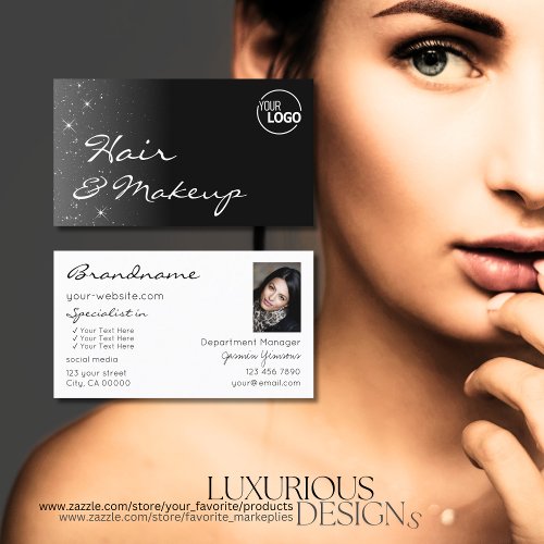 Black White Glitter Stars with Logo and Photo Business Card