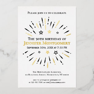 Black White Gold 50th Birthday Party Fireworks Foil Invitation