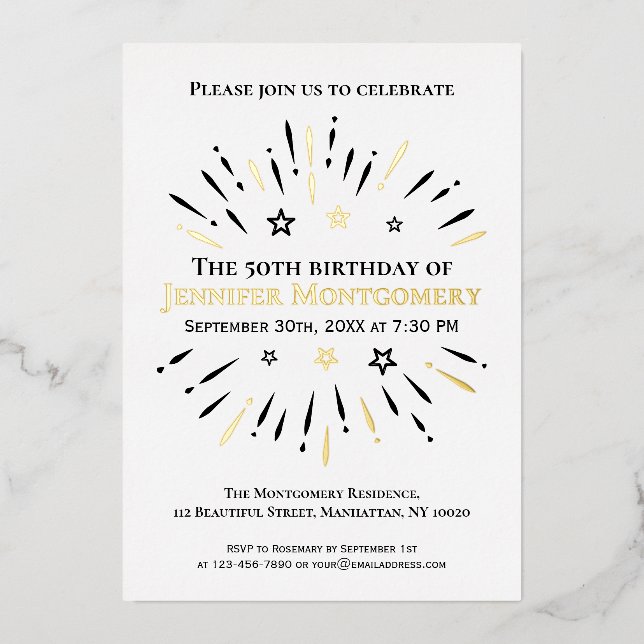 Black White Gold 50th Birthday Party Fireworks Foil Invitation (Front)