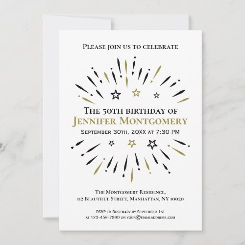 Black White Gold 50th Birthday Party Fireworks Invitation