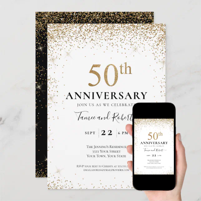 Black White Gold 50th Wedding Anniversary Invitation | Zazzle